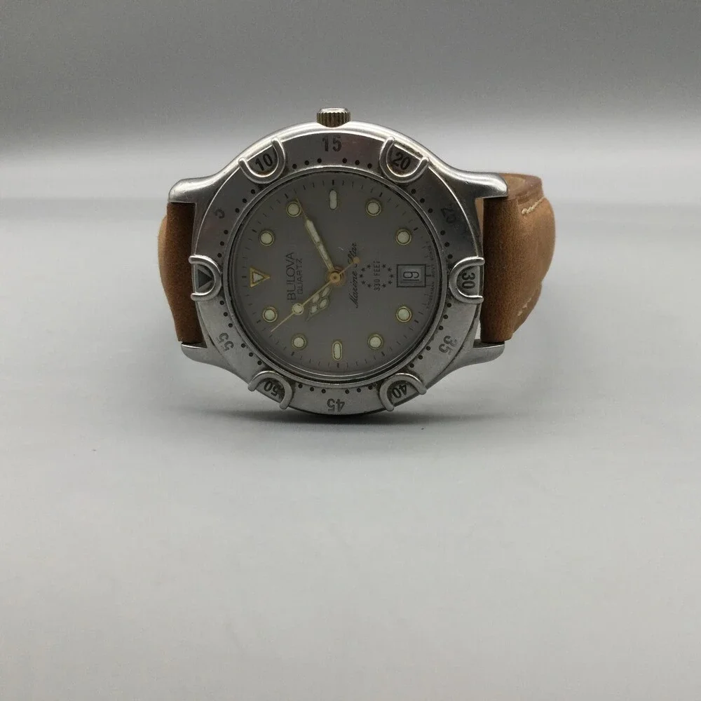 Vintage Bulova Marine Star Mens Diver Watch 36mm Silver Tone Leather New Battery